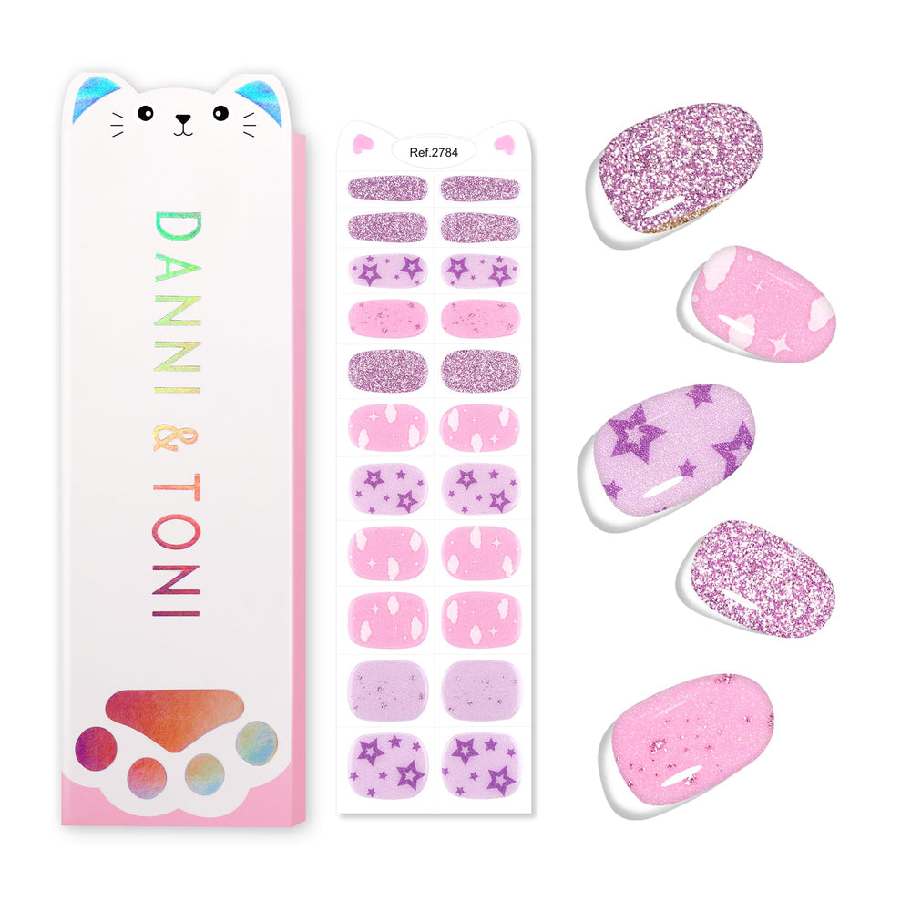DANNI & TONI Kids Gel Nail Strips Clouds Stars Purple Dream; easy peel-and-stick manicure for kids.