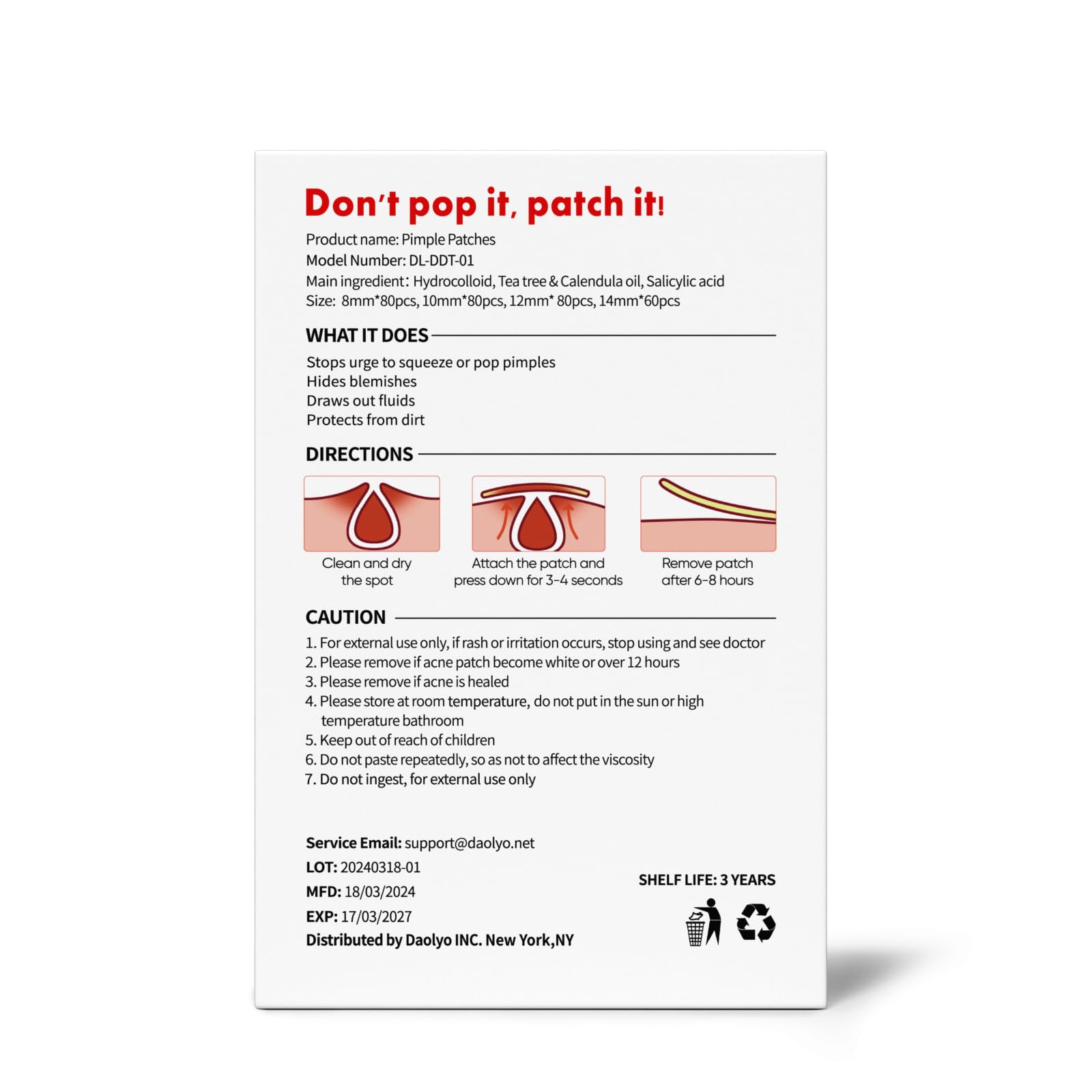 Daolyo step-by-step application illustration showing clean skin preparation and 6-8 hour wear.