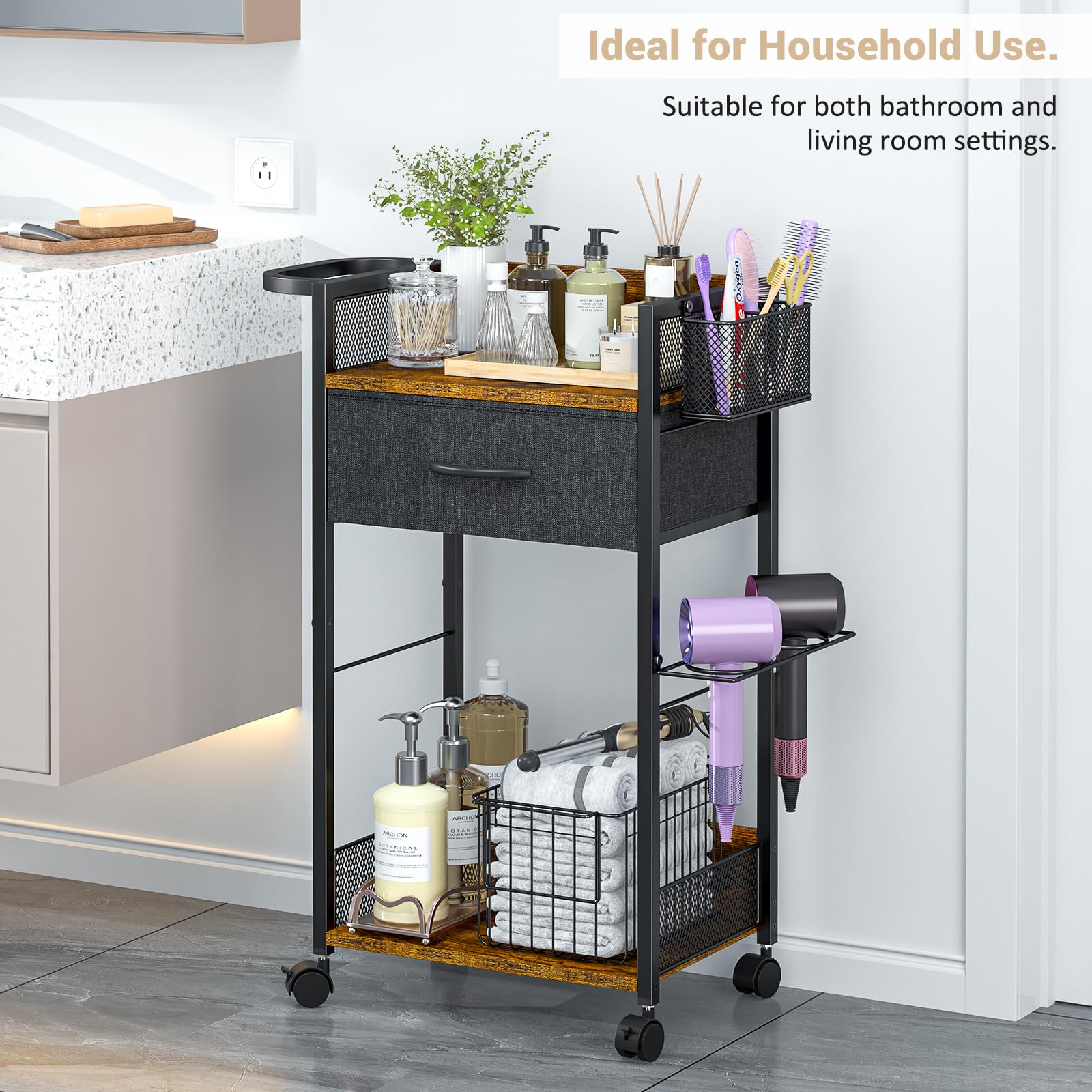 DAOUTIME salon trolley cart basket storage demonstrates multipurpose space for brushes, color, and towels.