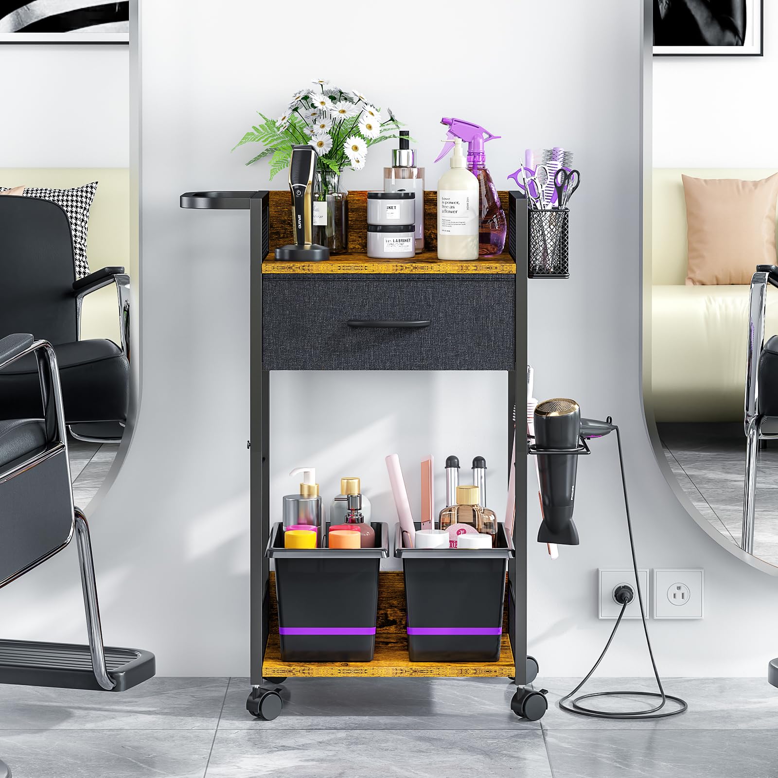 DAOUTIME salon trolley cart drawer-open view emphasizes organized tool storage for quick access.