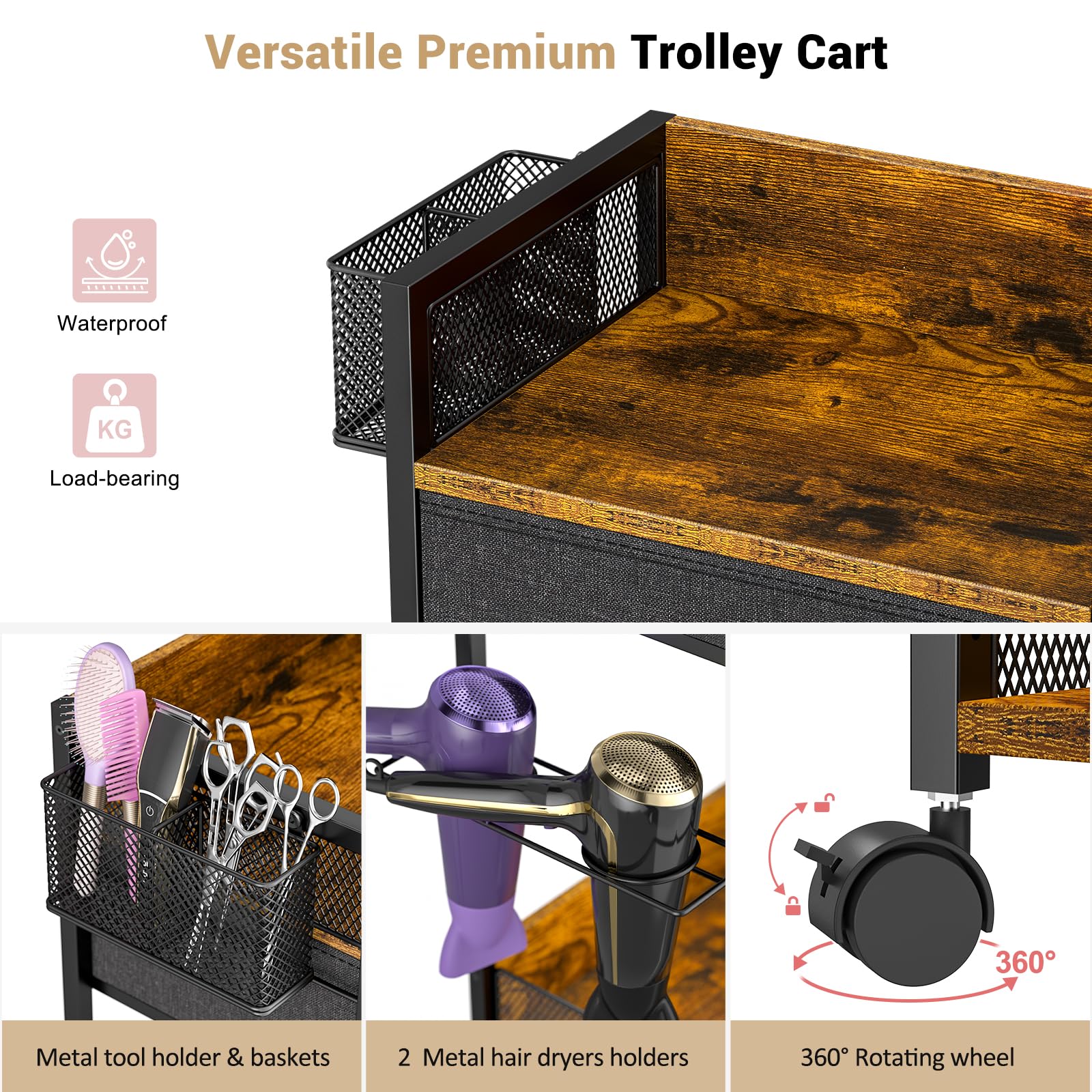 DAOUTIME salon trolley cart in-studio use features compact, professional black finish.