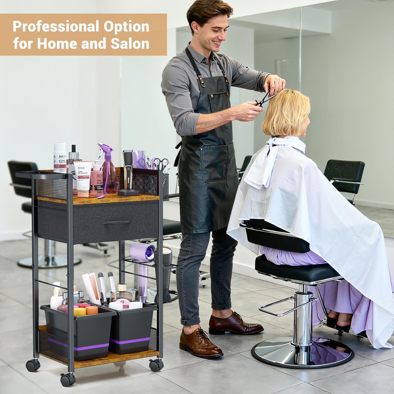 DAOUTIME salon trolley cart rolling wheels allow effortless movement around a salon.