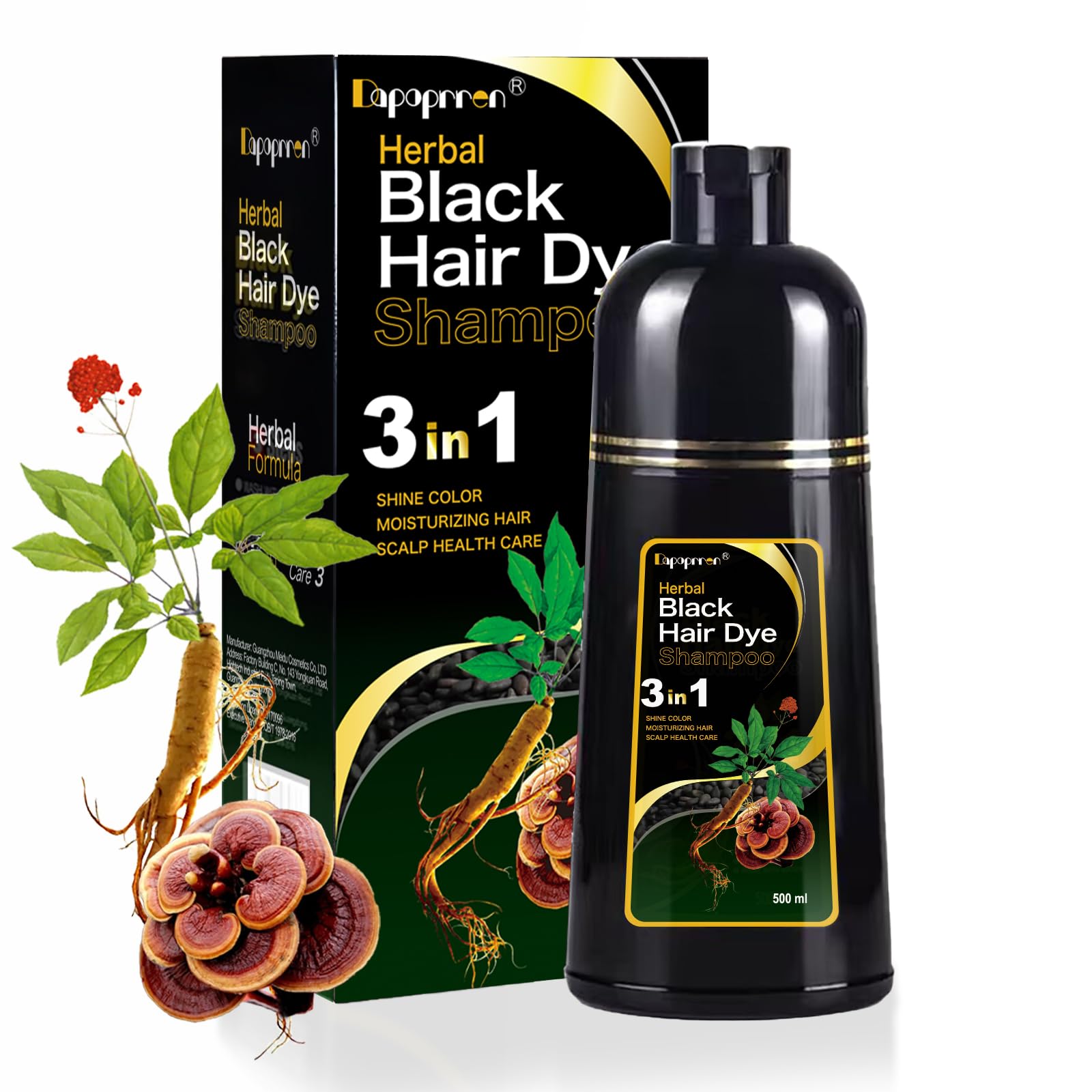 Dapoprren Black Hair Dye Shampoo bottle with pump for easy application and even coverage.