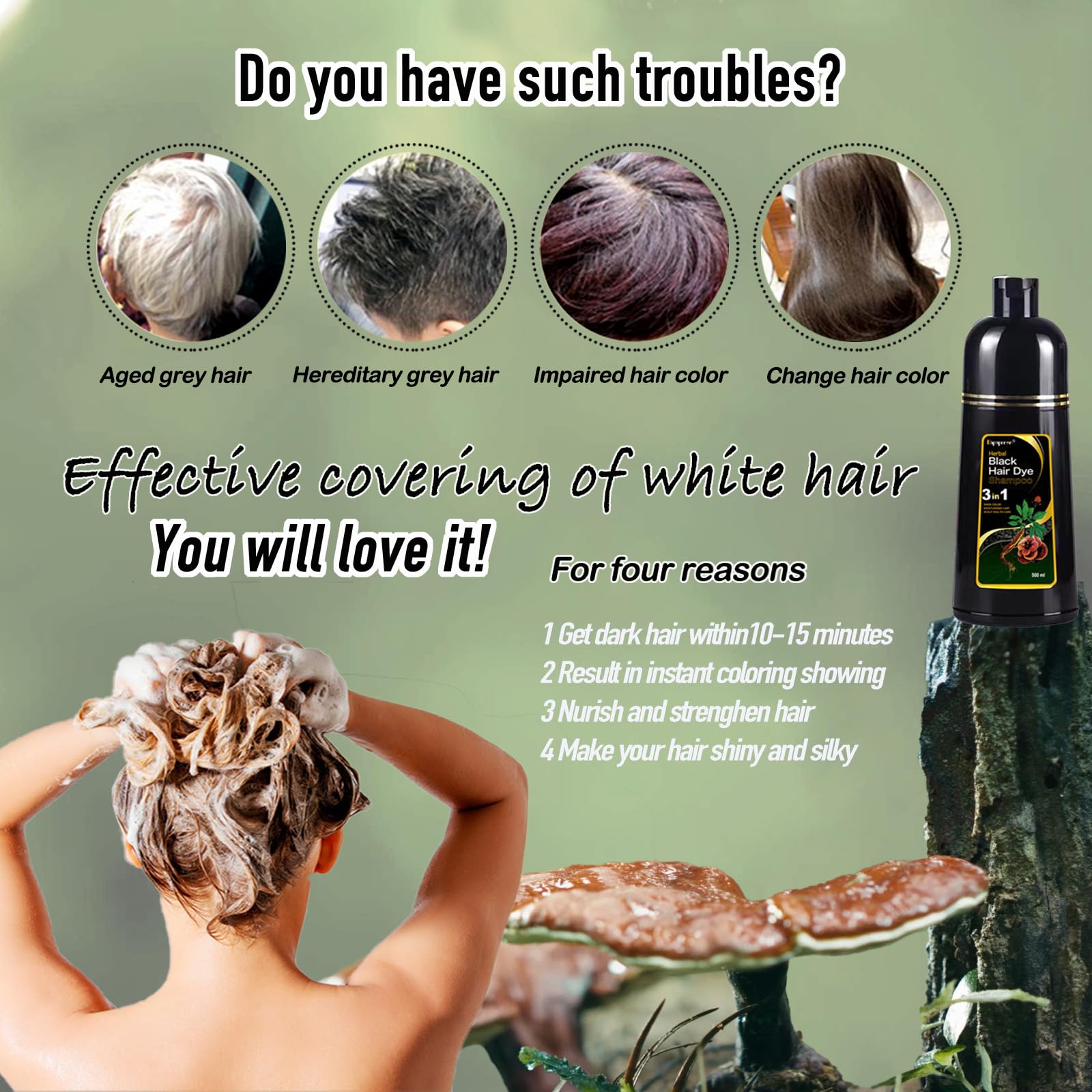 Dapoprren 3-in-1 hair dye shampoo acts as dye, shampoo, and conditioner in one bottle.