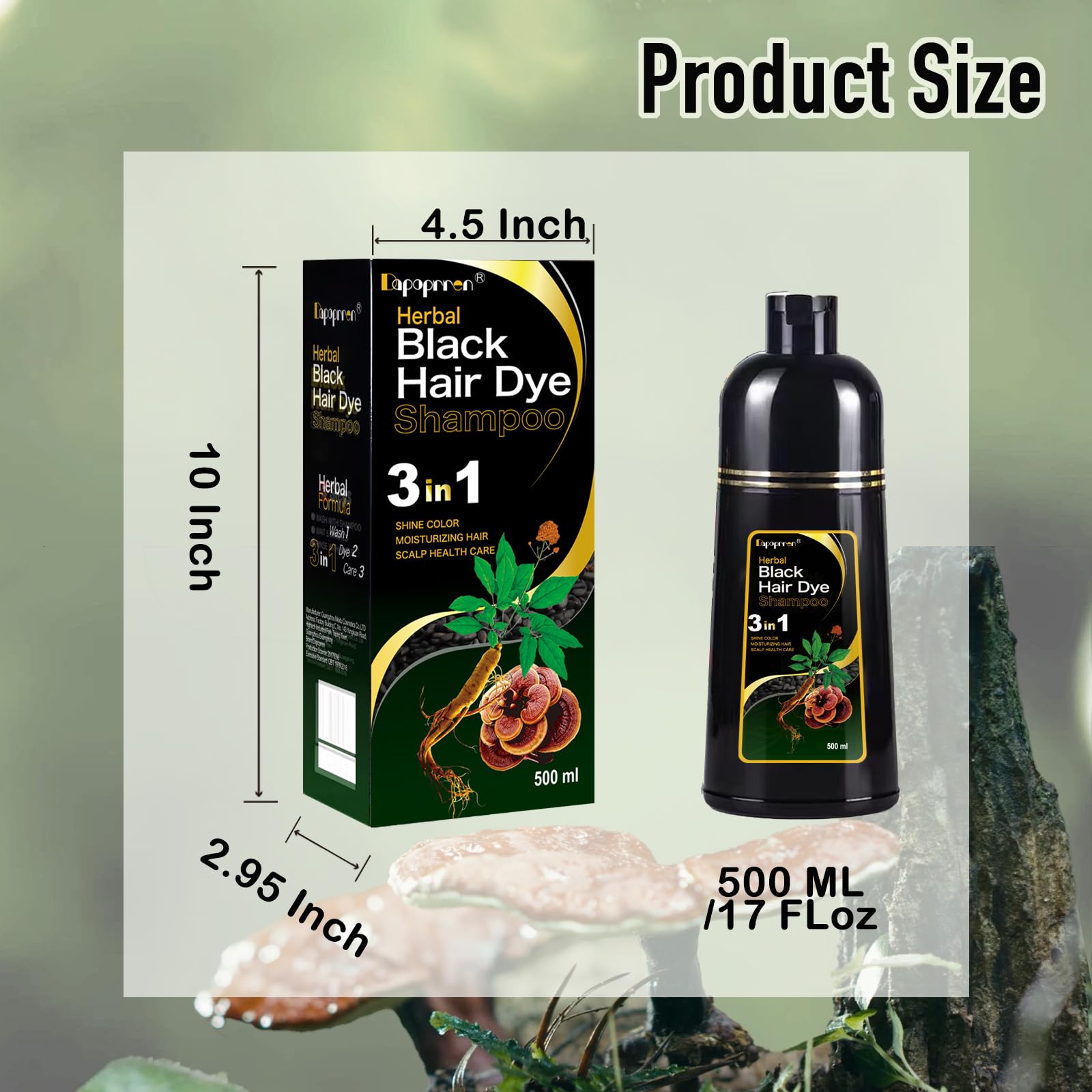 Dapoprren Black Hair Dye Shampoo 500ml packaging suitable for around 10 applications.
