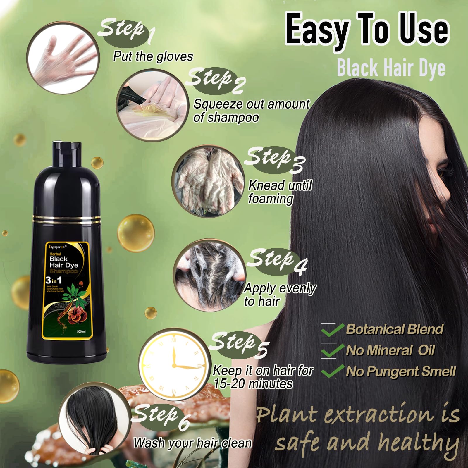 Dapoprren Hair Dye Shampoo features natural ingredients like wild ginseng and sesame for healthier-looking hair.