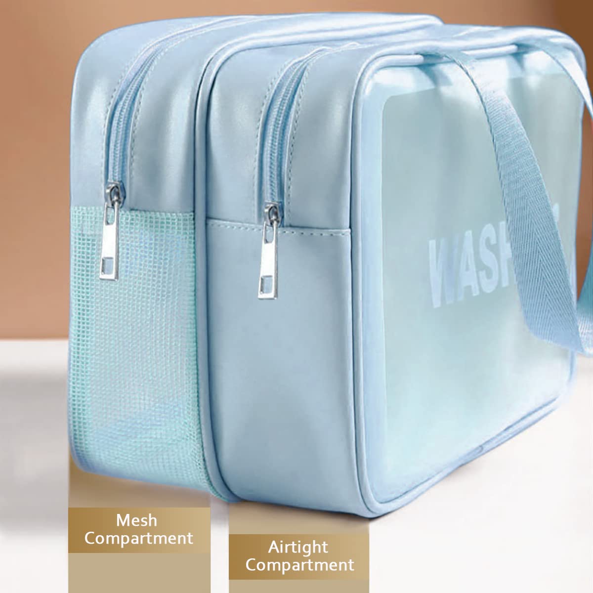DAPOWER bolsa de aseo azul XL, detalle de malla para ventilación y toallas.