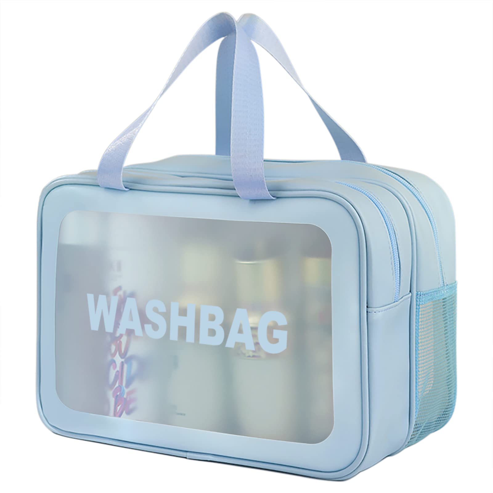 DAPOWER bolsa de aseo azul XL, vista frontal, perfecta para organizar cosméticos en viaje.