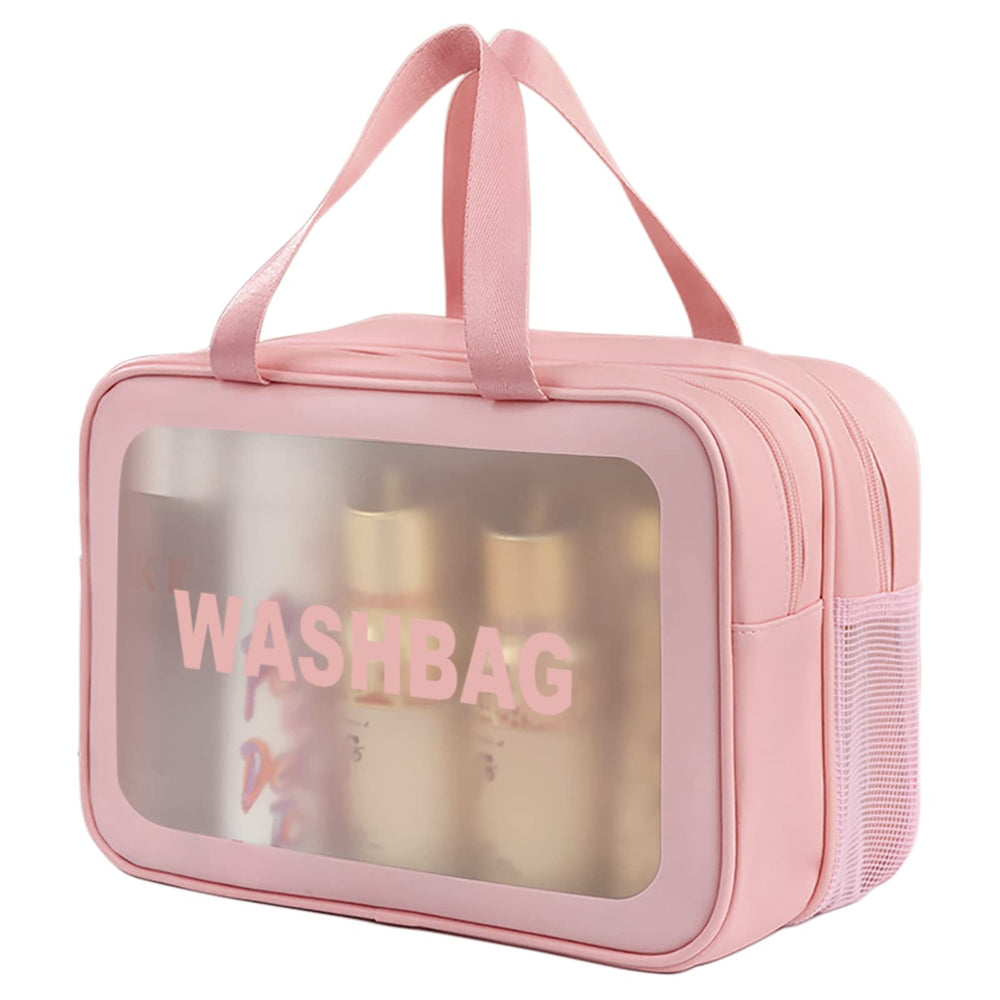 DAPOWER travel toiletry bag pink-xl front view shows organized storage for cosmetics.