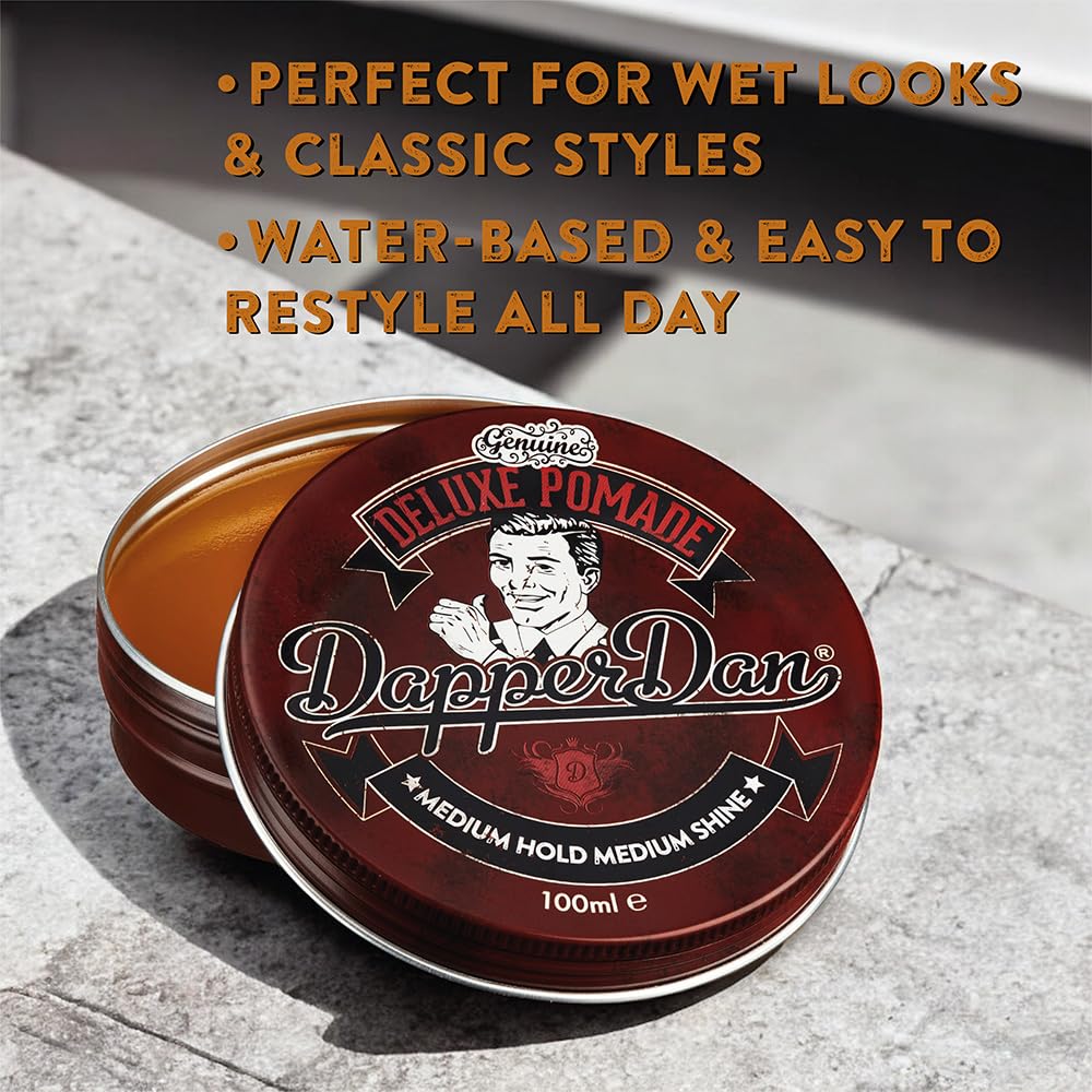 Dapper Dan Deluxe Pomade water-based formula image implies easy washout and quick refresh.