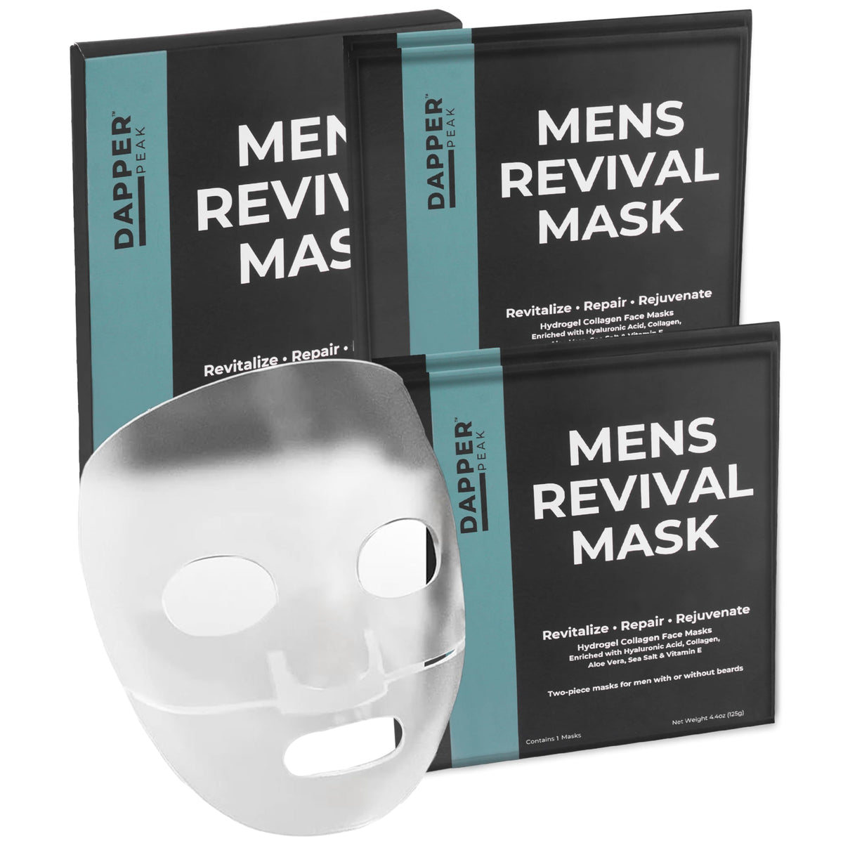 Dapper Peak Men's Revival Mask packaging signals premium at-home spa moments.
