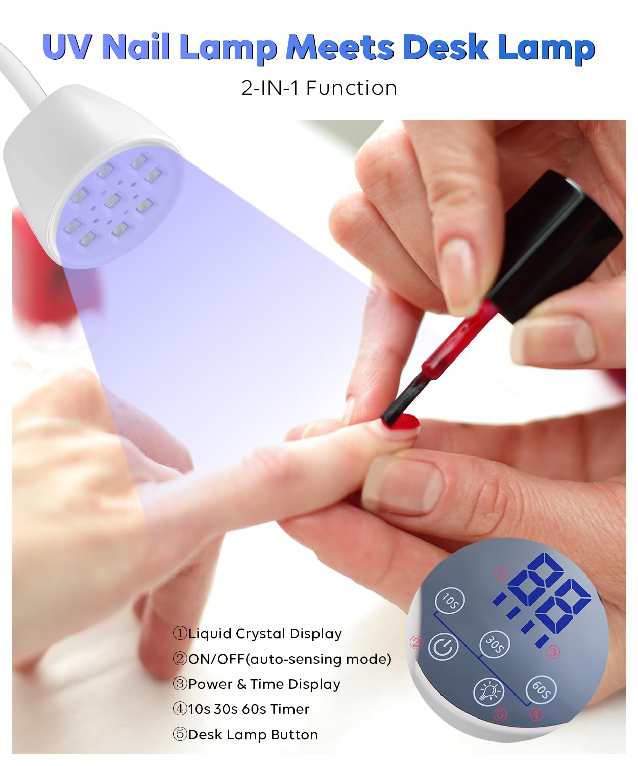 DAQVQ nail lamp gooseneck front view demonstrates flexible position for comfortable use.