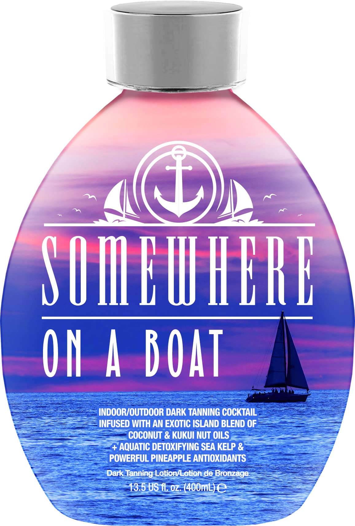 DARK TANS EXCLUSIVE Somewhere On A Boat lotion bottle front highlights bronzer-free deep-tan formula.