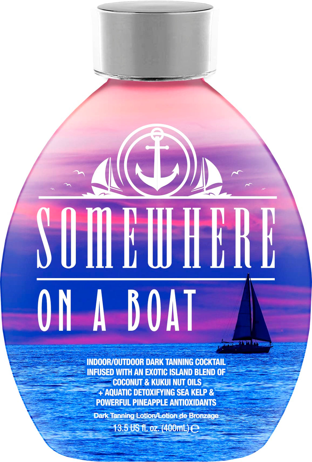 DARK TANS EXCLUSIVE Somewhere On A Boat lotion bottle front highlights bronzer-free deep-tan formula.