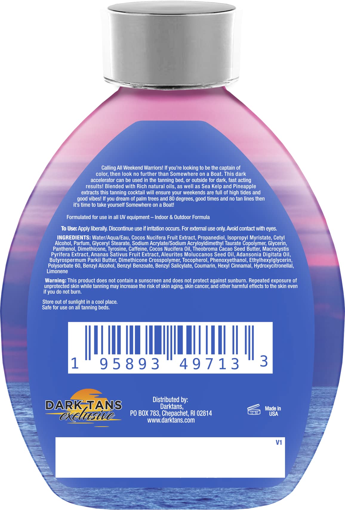 DARK TANS EXCLUSIVE Somewhere On A Boat lotion pour shows easy dispensing during tanning sessions.