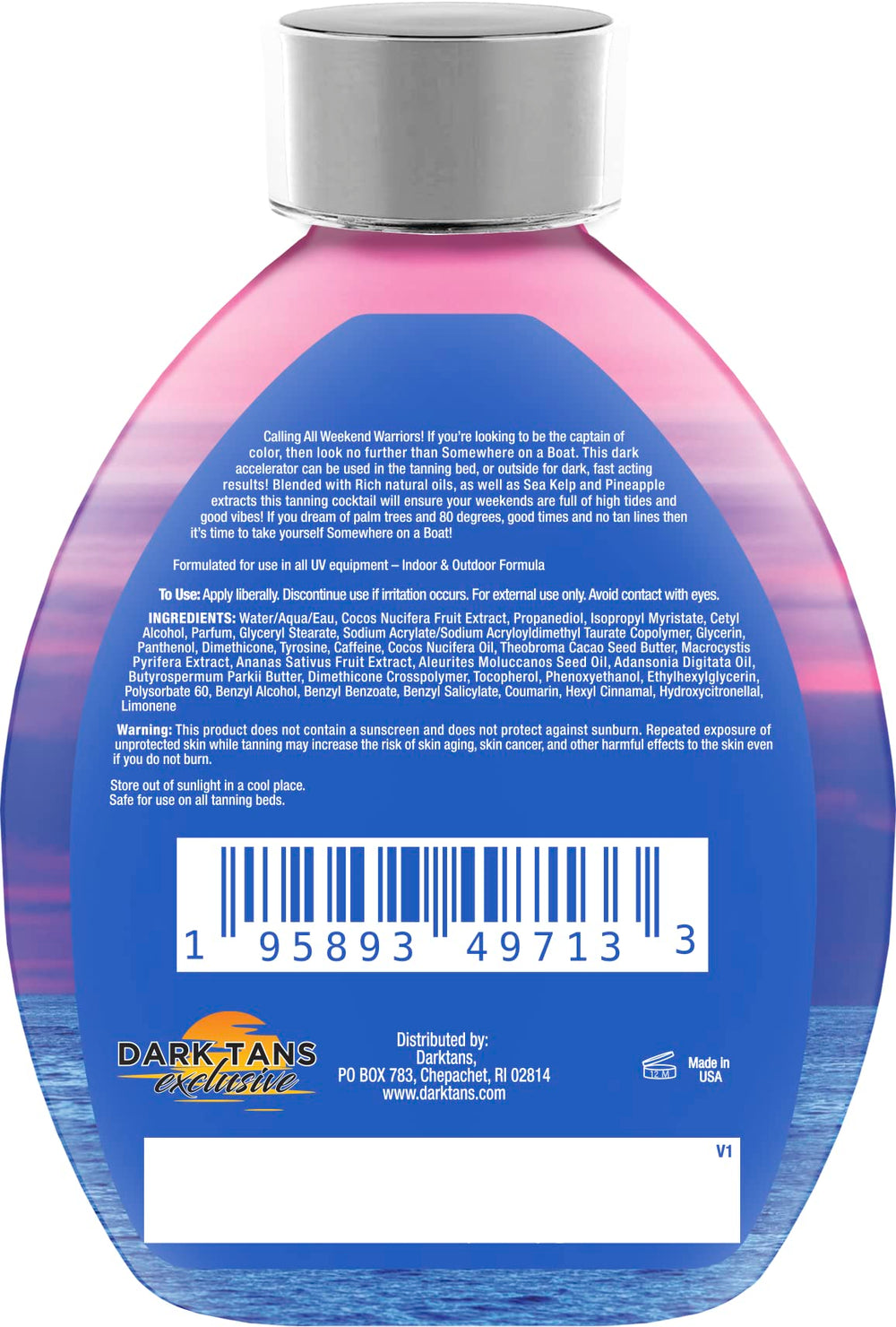 DARK TANS EXCLUSIVE Somewhere On A Boat lotion pour shows easy dispensing during tanning sessions.