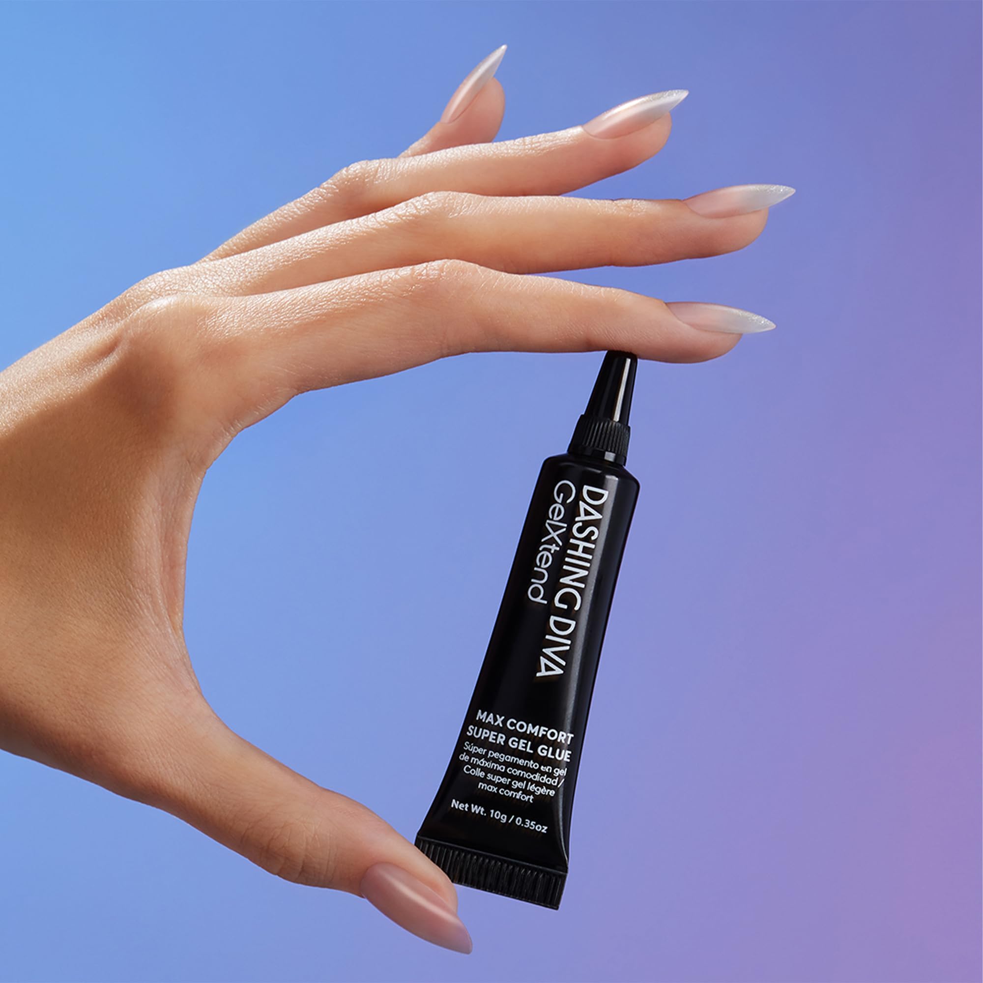 Dashing Diva GelXtend nail tips paired with glue for durable wear.