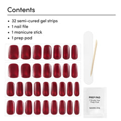Dashing Diva Glaze Ruby Red Apple strips on nail demonstrate dome-fit for smooth application.