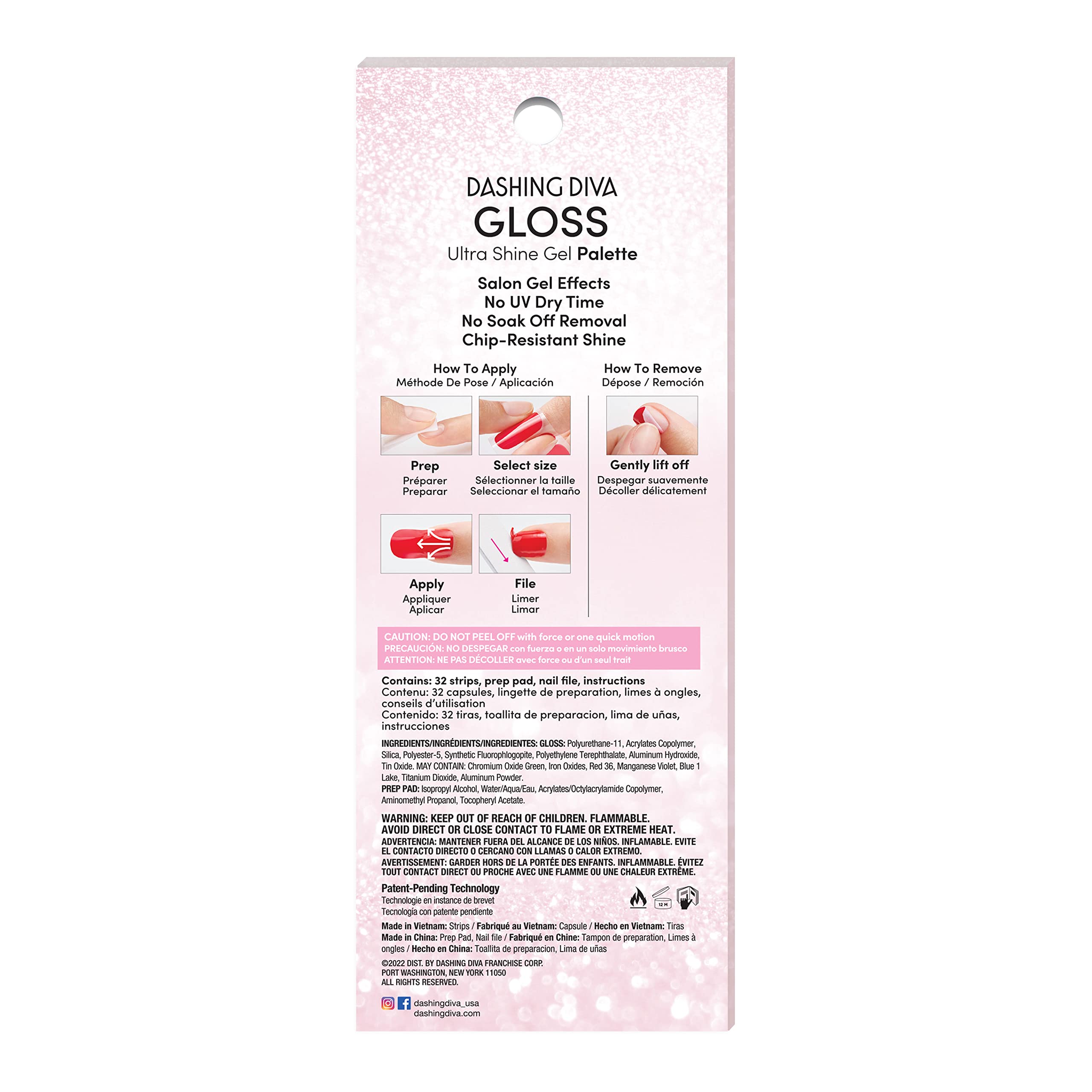 Dashing Diva Gloss Light Show kit includes 32 wraps, prep pad, and file for easy mani.