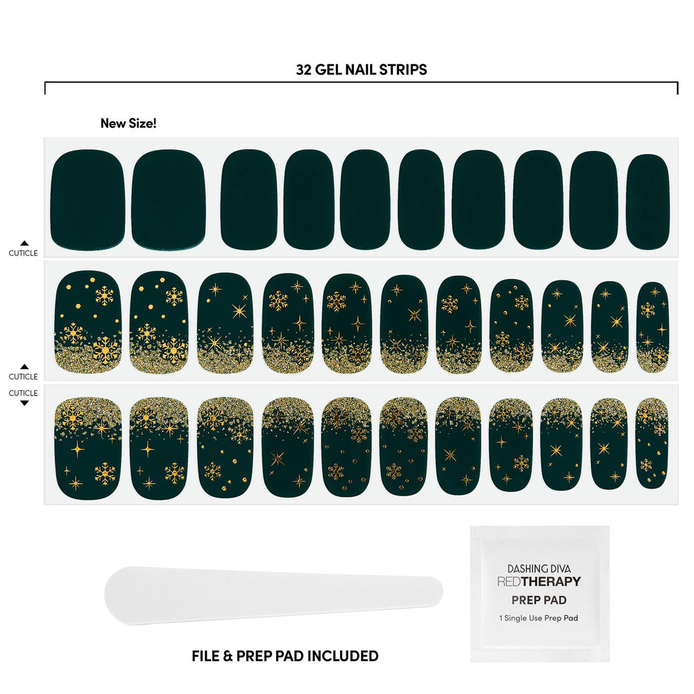 Dashing Diva Gloss nail strips with gold foil snowflakes provide festive shimmer and chip resistance.