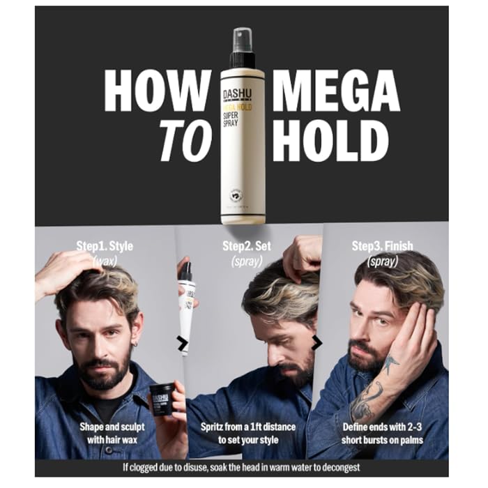 DASHU Mega Hold Spray with black bean extract implying nutrients and shine.