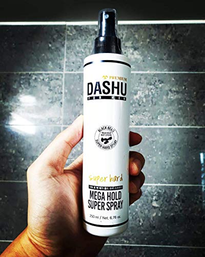 DASHU Mega Hold Spray label graphics emphasizing water-based wash-out benefits.