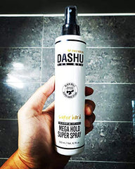 DASHU Mega Hold Spray label graphics emphasizing water-based wash-out benefits.
