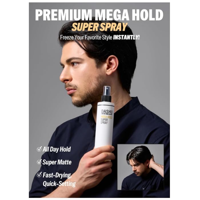 DASHU Mega Hold Spray nozzle close-up showing fine mist for even coverage.