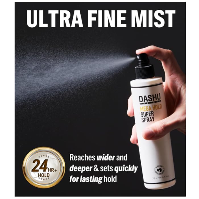 DASHU Mega Hold Spray in use during styling session for secure hold.