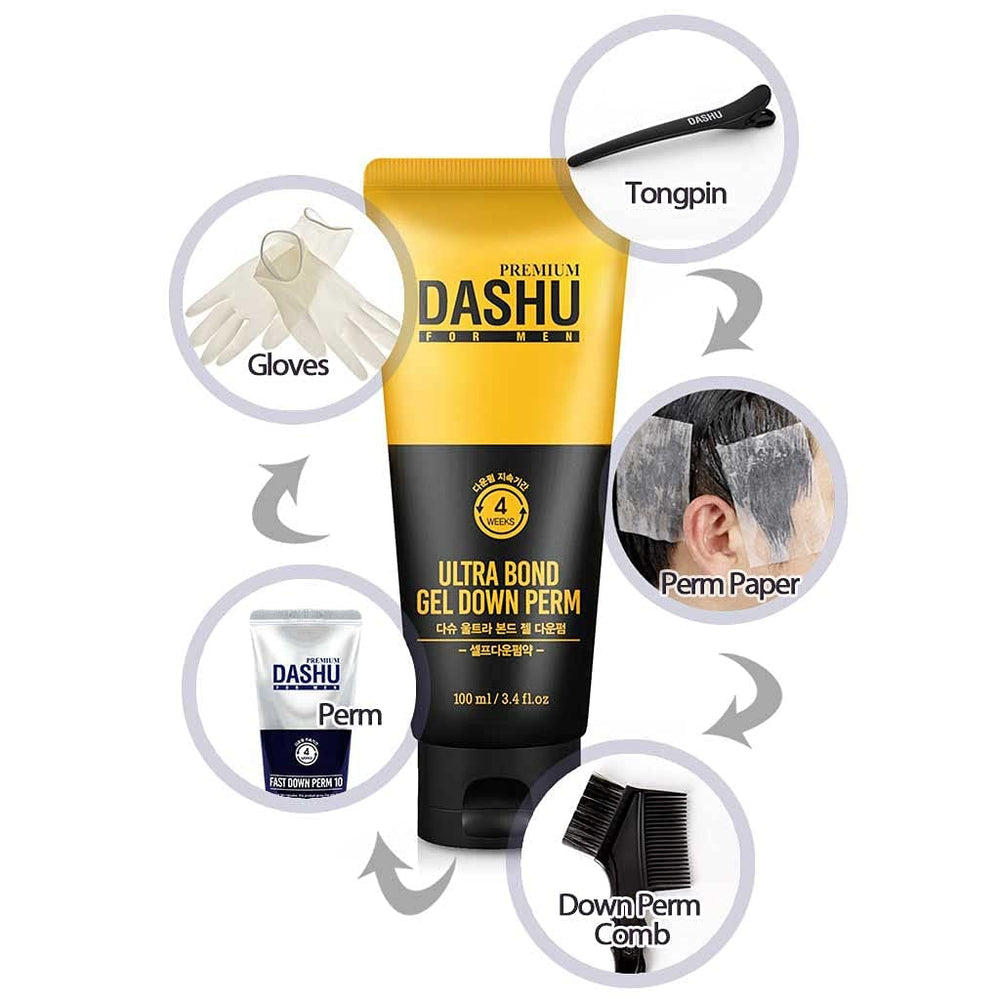 DASHU Premium Ultra Bond Gel Down Perm bottle shows easy-to-apply formula for styling.