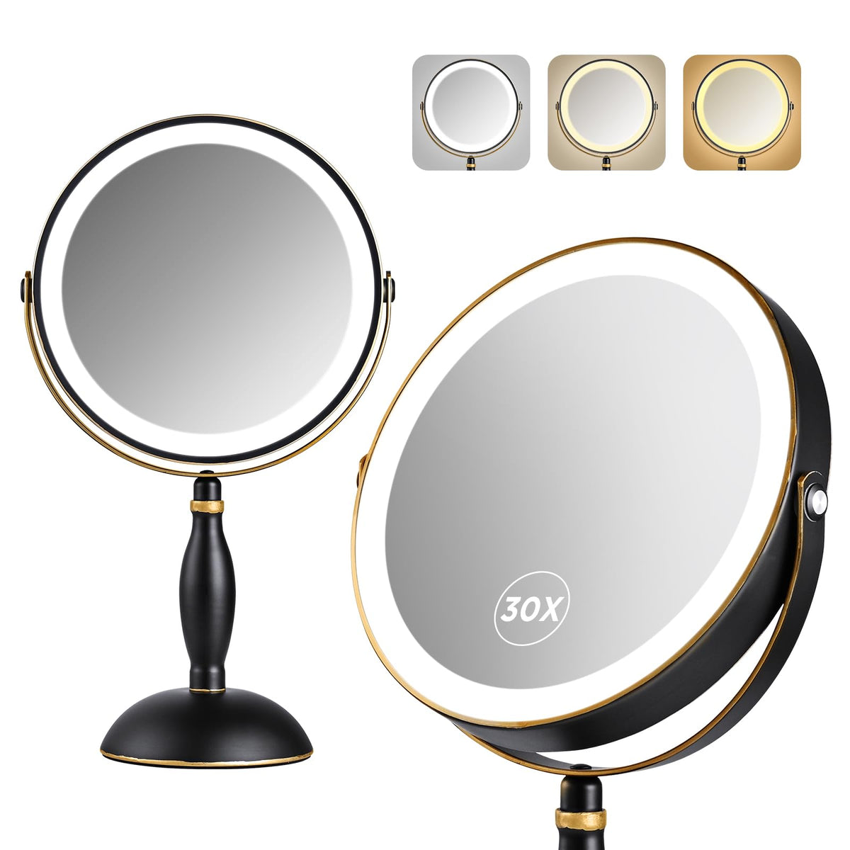 DASLAVA 30x magnifying mirror front view for precise makeup application with adjustable lighting