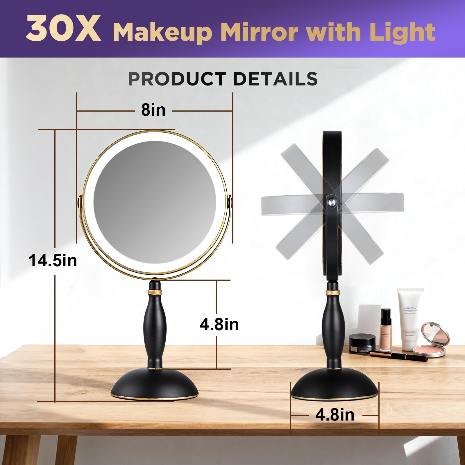 DASLAVA 30x magnifying mirror side view with adjustable LEDs for precise brow work