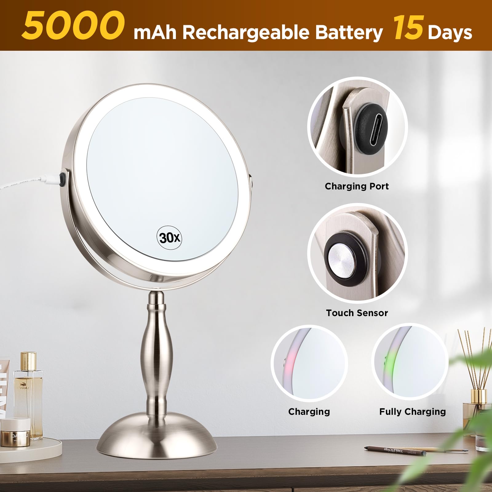 DASLAVA makeup mirror side touch control keeps surface clean