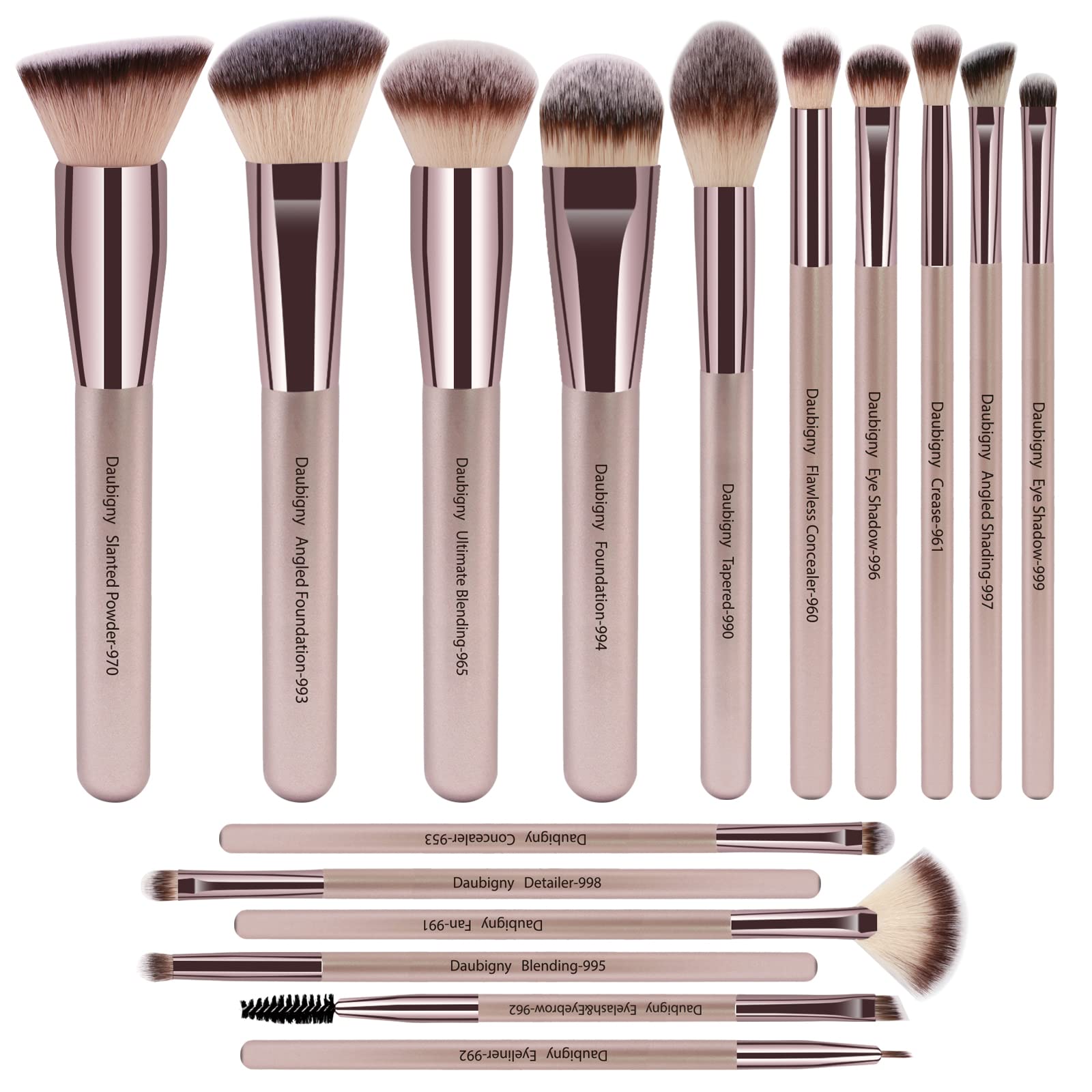 Daubigny 16Pcs brush set Champagne Gold closeup shows premium bristles for smooth makeup