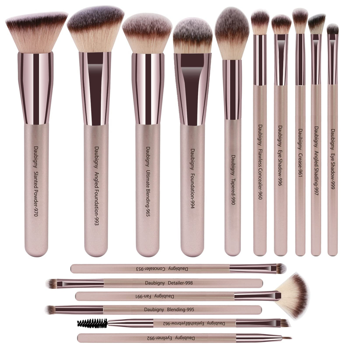 Daubigny 16Pcs brush set Champagne Gold closeup shows premium bristles for smooth makeup