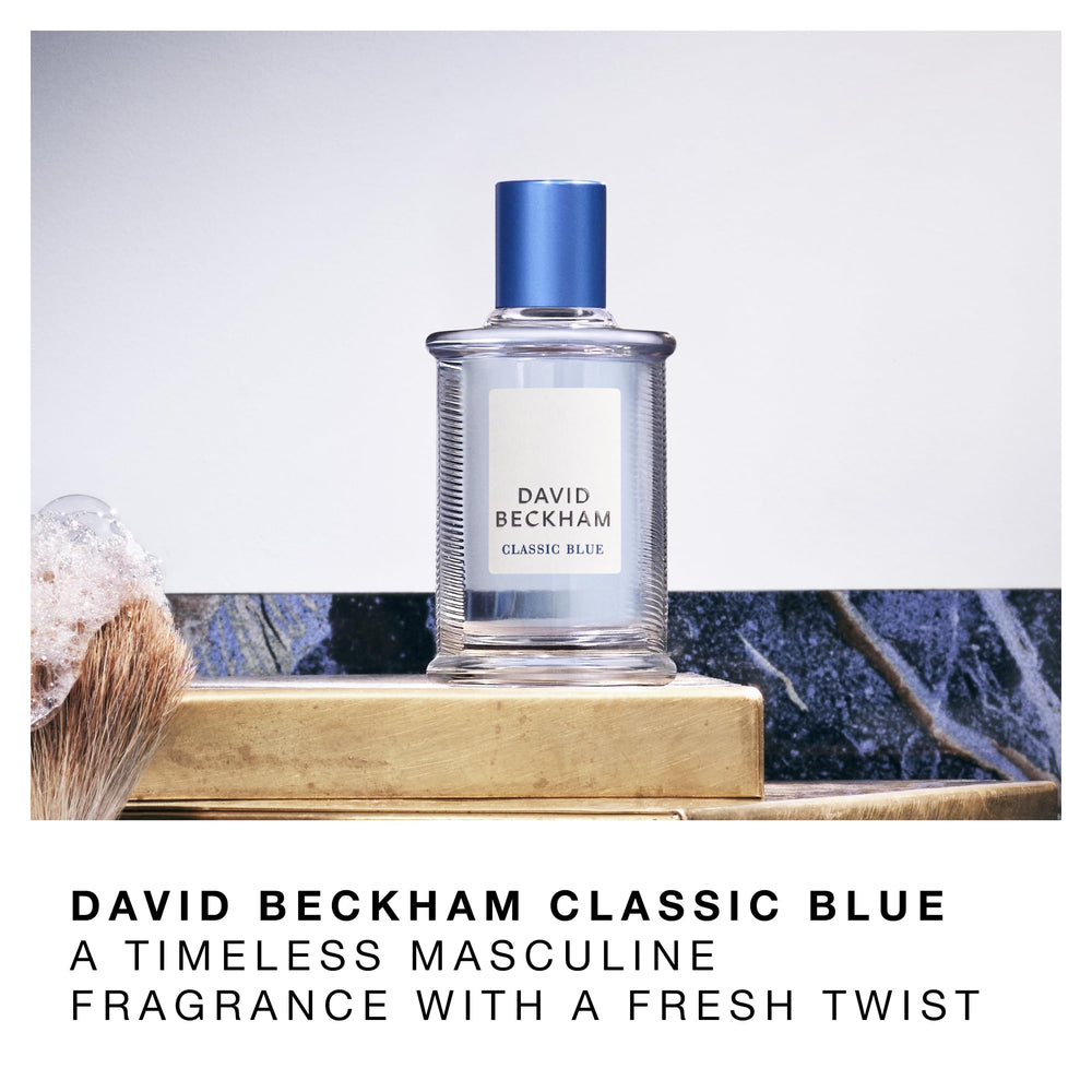 David Beckham Classic Blue on dresser shelf for daily grooming ritual.