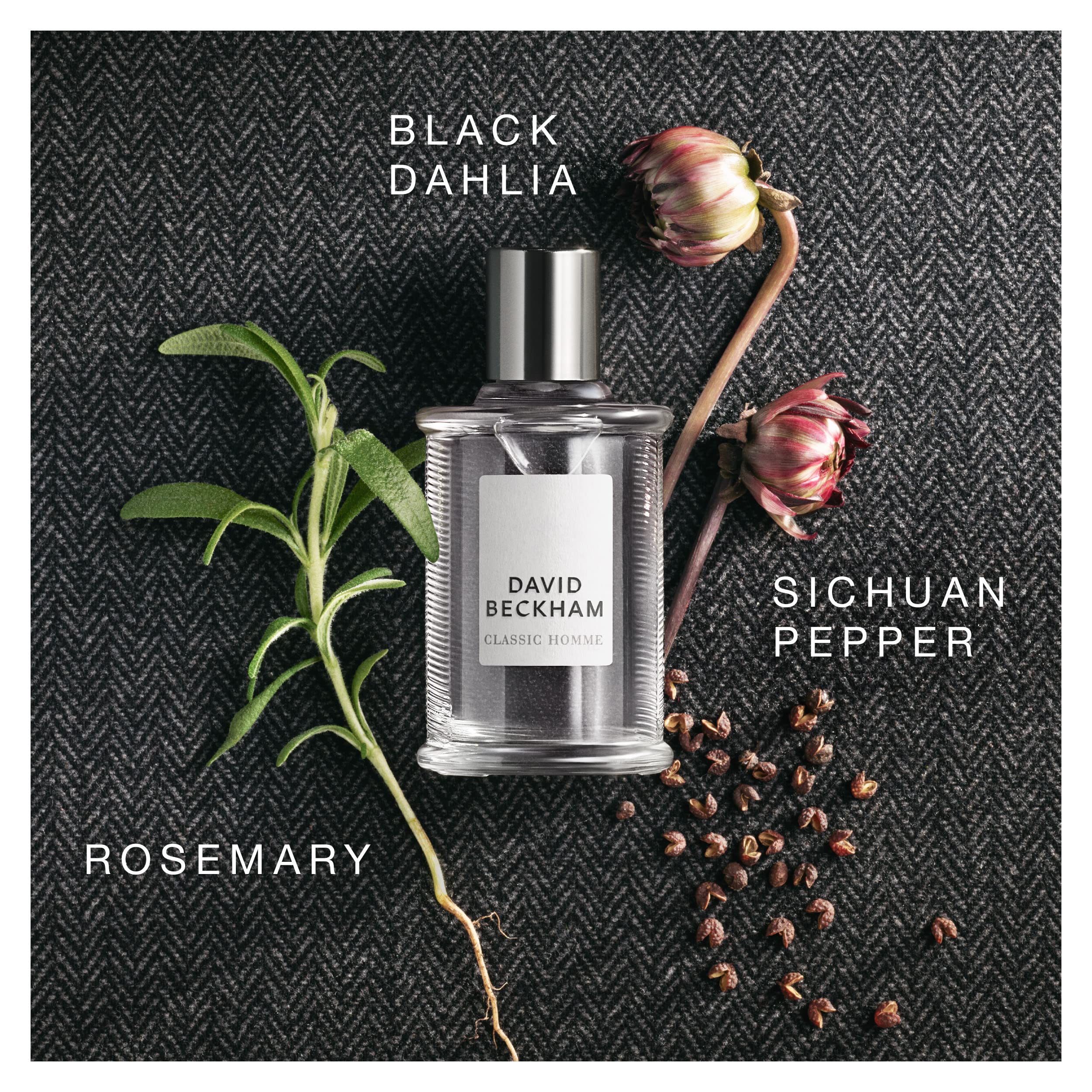 David Beckham Classic Homme cap close-up showcases smoky warm-spice character.