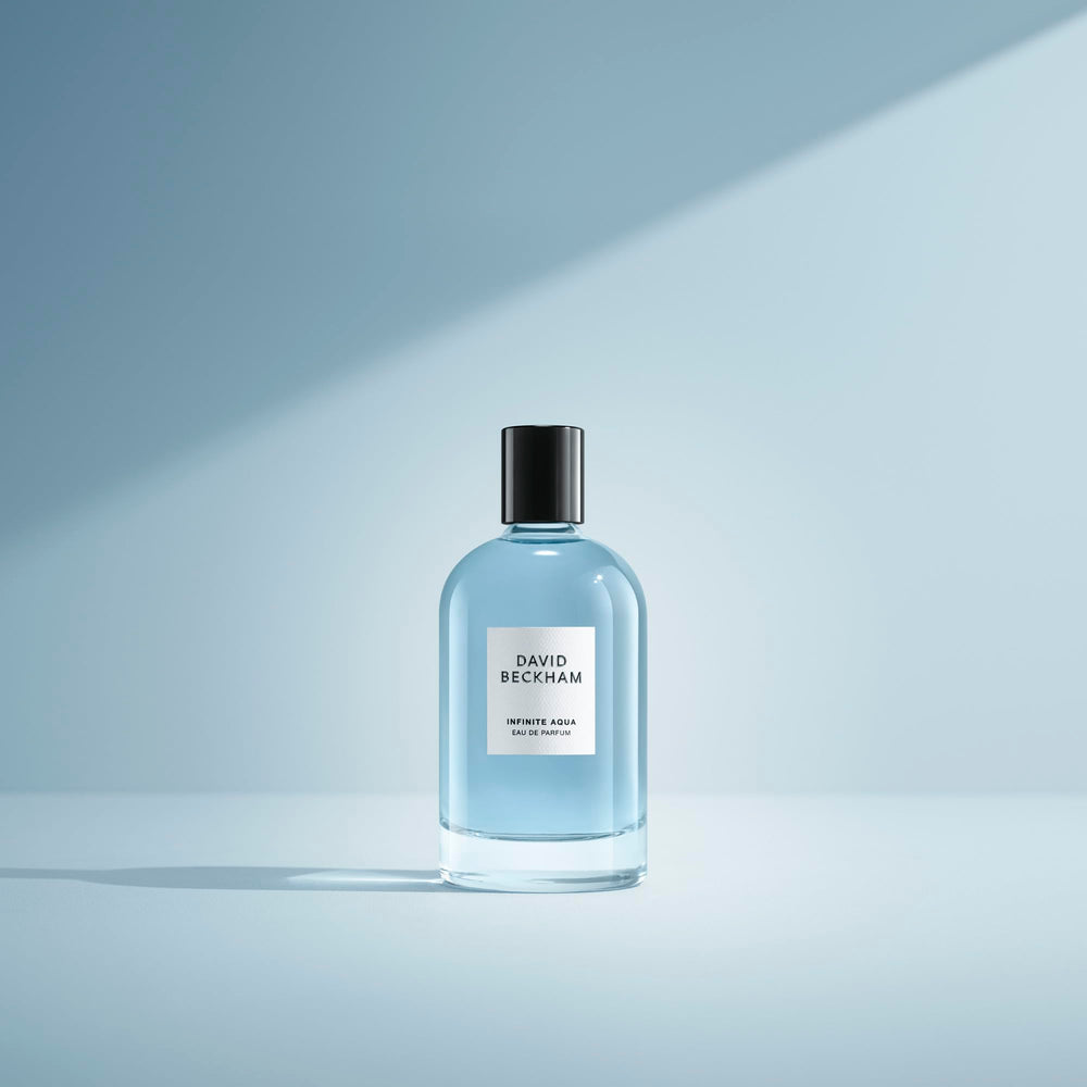 David Beckham Infinite Aqua bottle angled display highlighting coastal freshness for everyday use