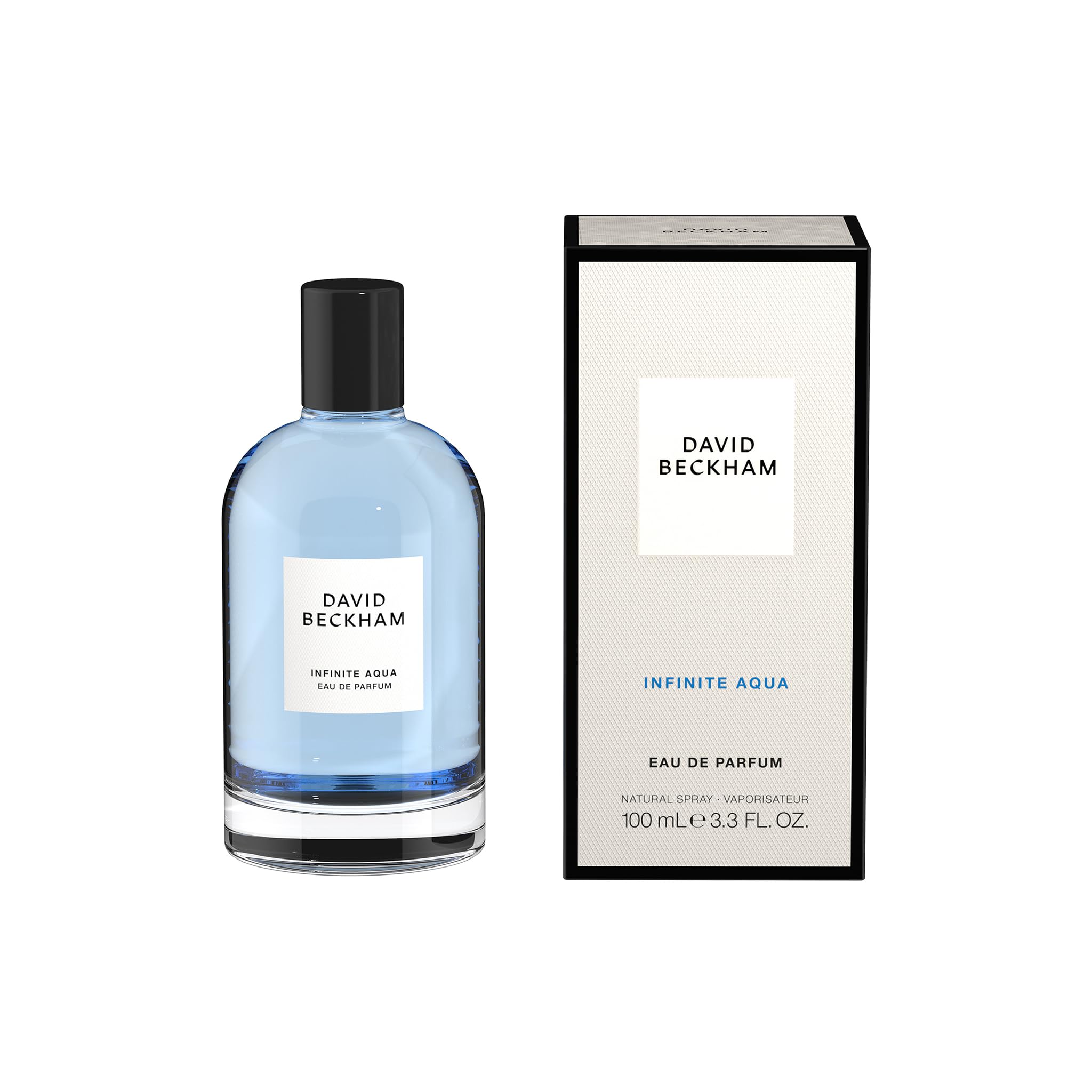 David Beckham Infinite Aqua box packaging featuring premium branding and travel-friendly size