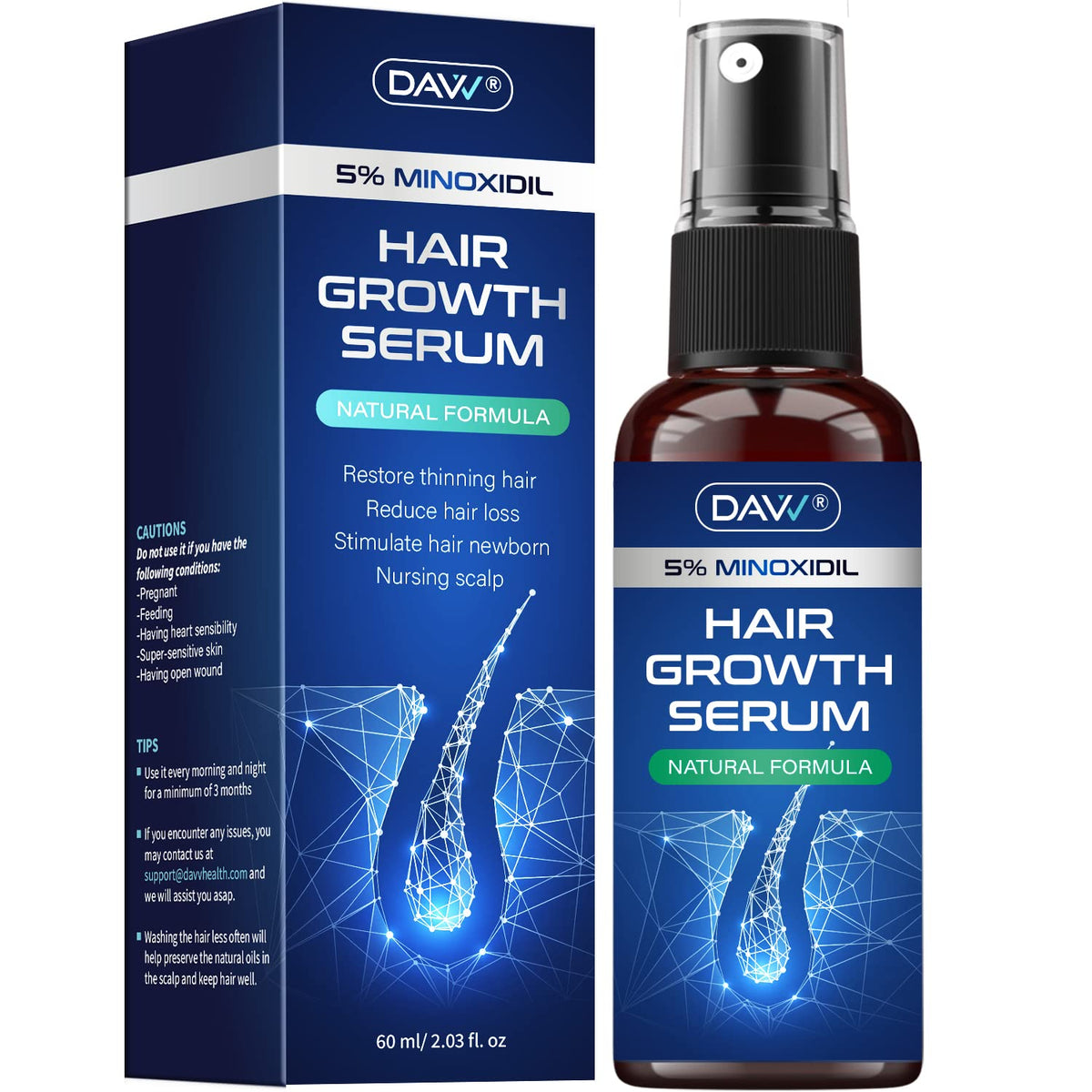 DAVV 5% Minoxidil spray bottle promotes hair regrowth support.