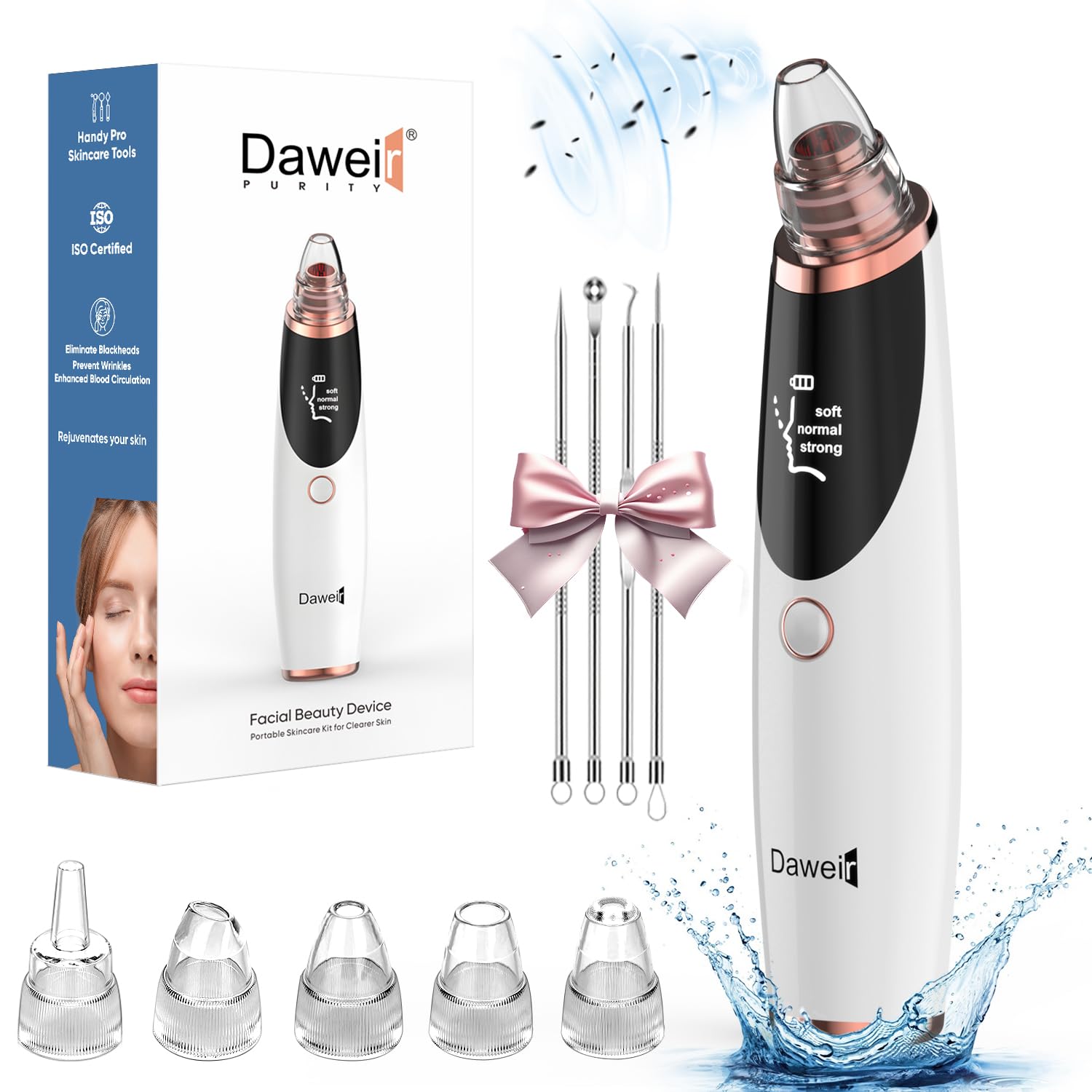 Daweir blackhead remover face closeup shows suction actively cleansing pores