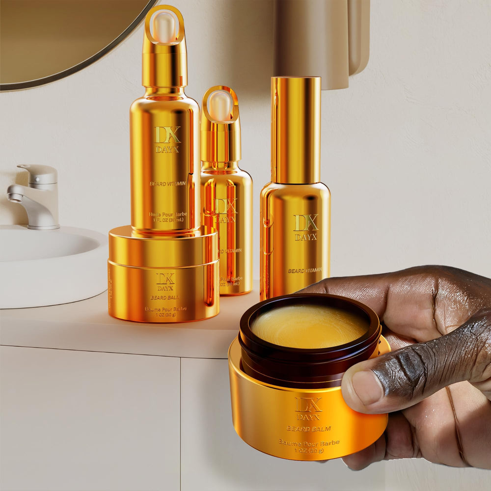 DayixCare Beard Conditioner jar detail demonstrates hydration for textured beards.