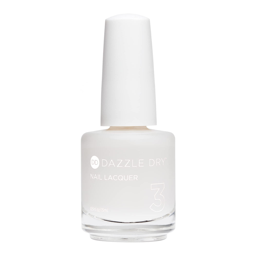 Dazzle Dry Nail Lacquer Step 3 bottle in Fine China shows sheer milky white finish