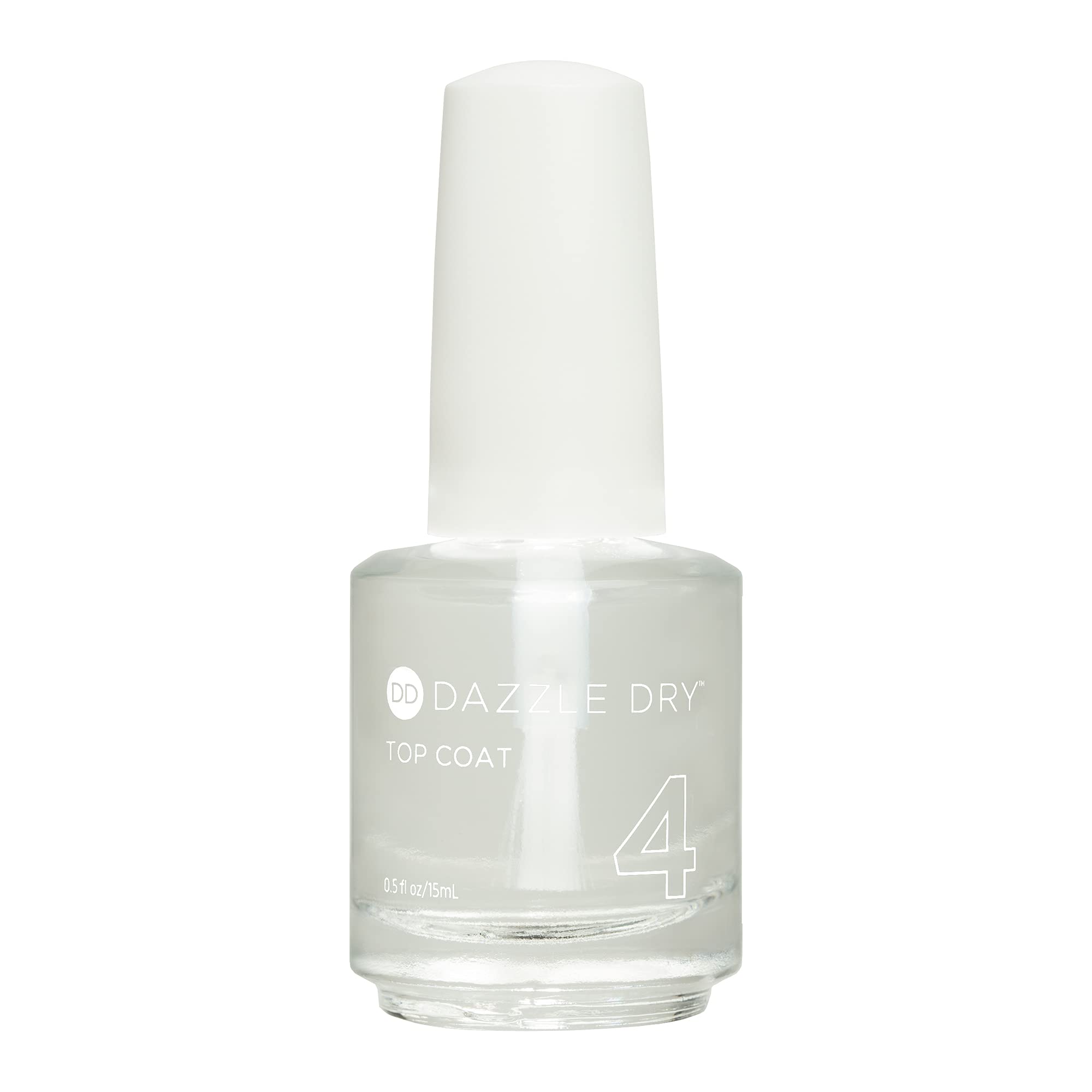 Dazzle Dry Top Coat bottle closeup shows fast-drying finish for quick manicures.