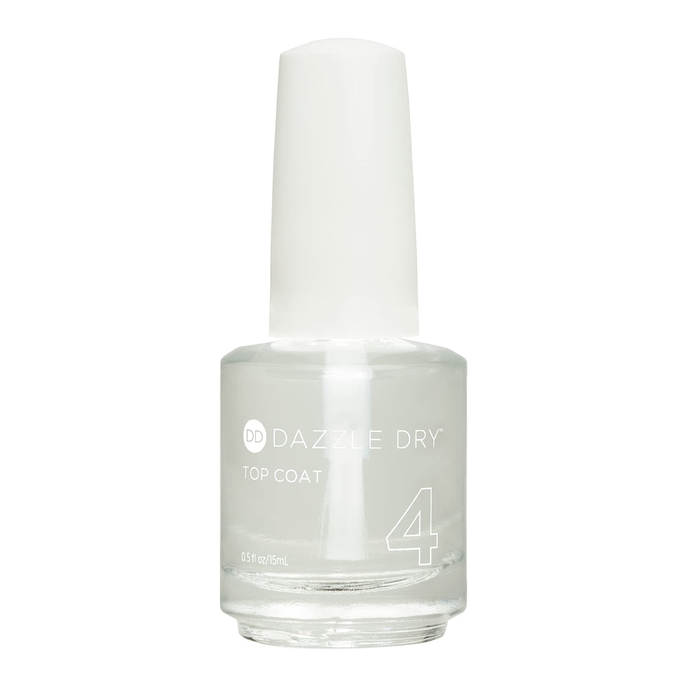 Dazzle Dry Top Coat bottle closeup shows fast-drying finish for quick manicures.