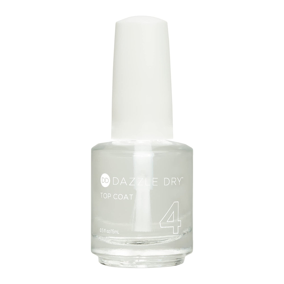 Dazzle Dry Top Coat bottle closeup shows fast-drying finish for quick manicures.