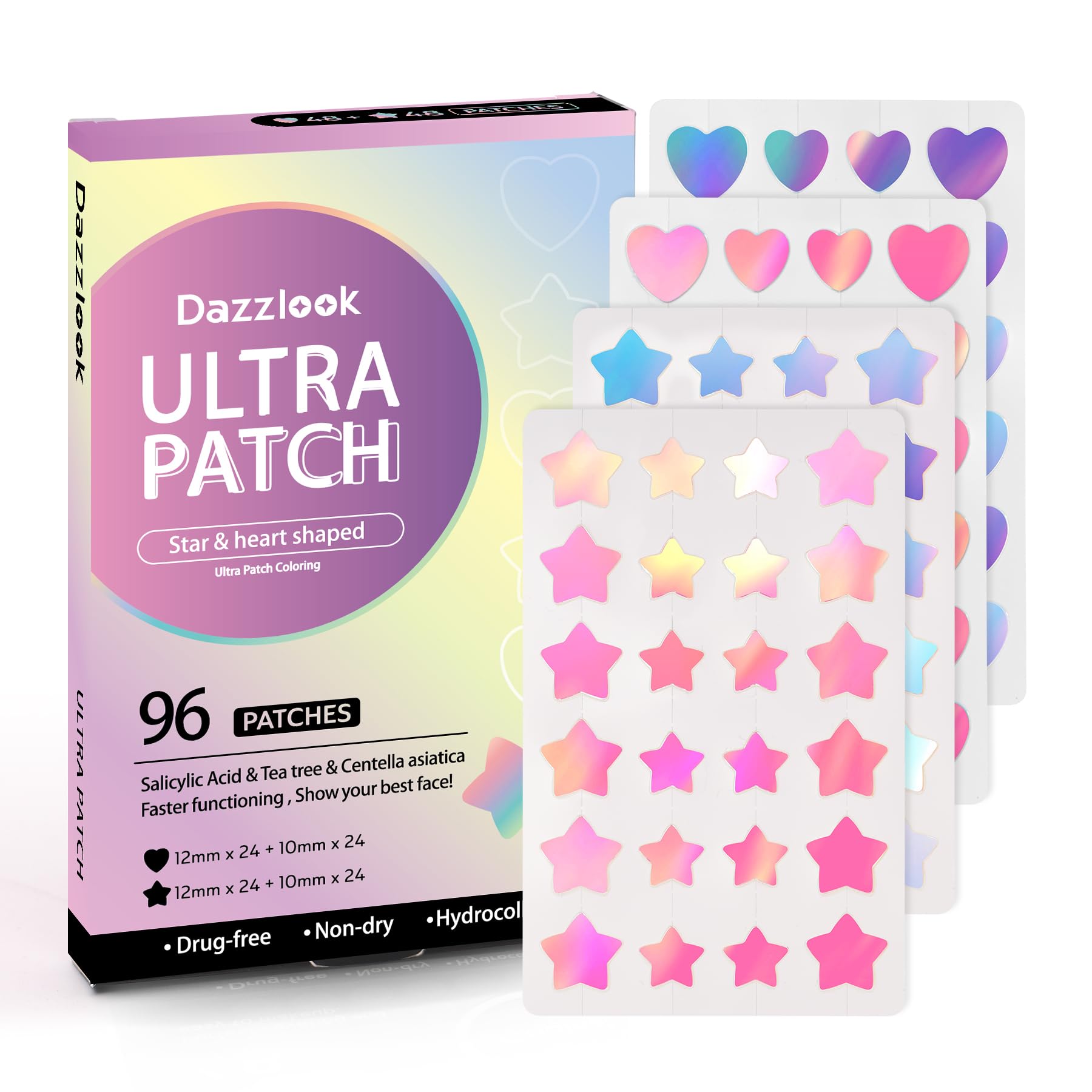 Parche estrella y corazón de Dazzlook con brillo irisado para uso diario discreto.