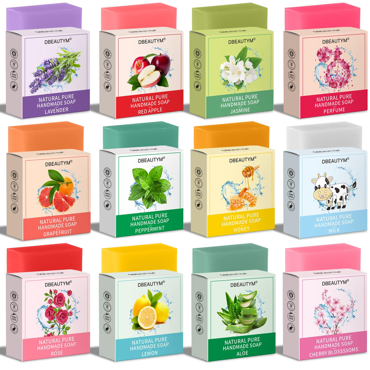 DBEAUTYM 12-pack soap variety pack displaying colorful bars for daily cleansing.