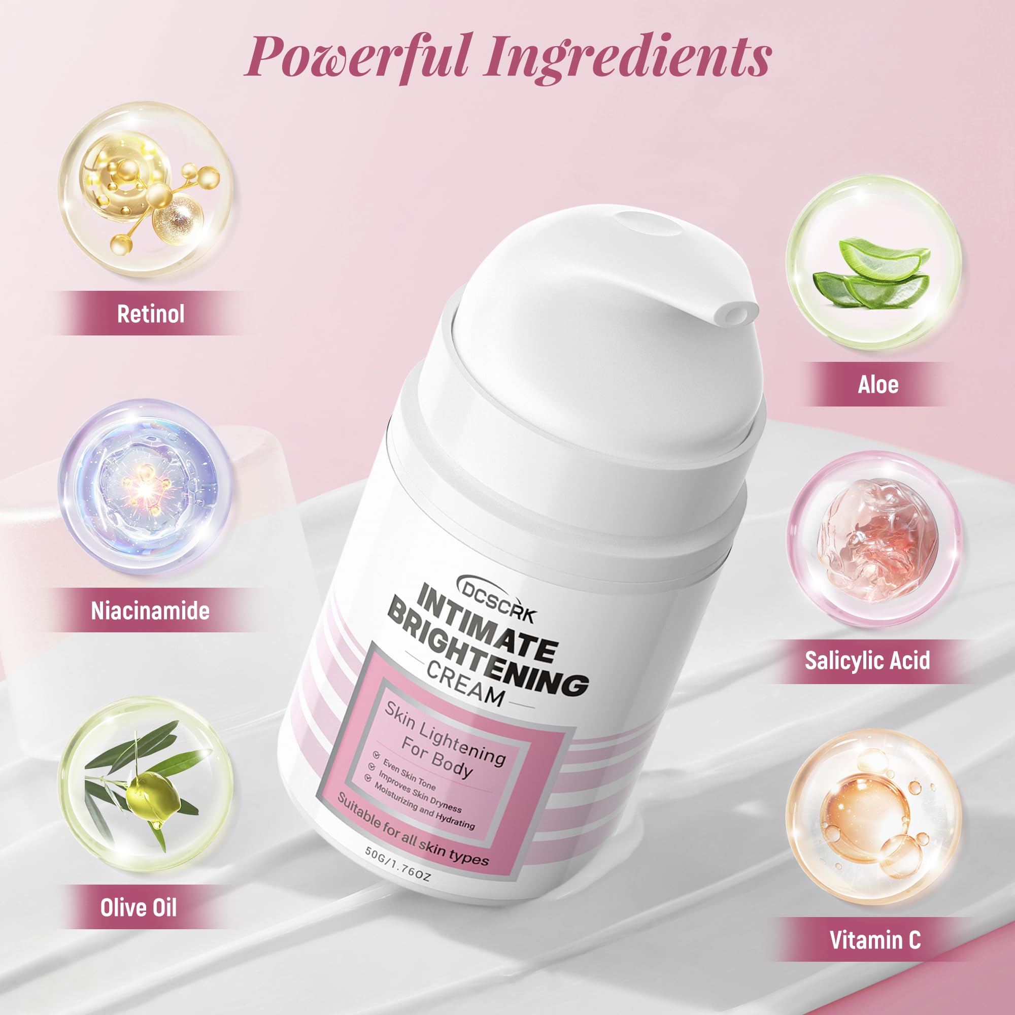 DCSCRK Skin Lightening Cream texture close-up showing creamy, non-irritating formula.