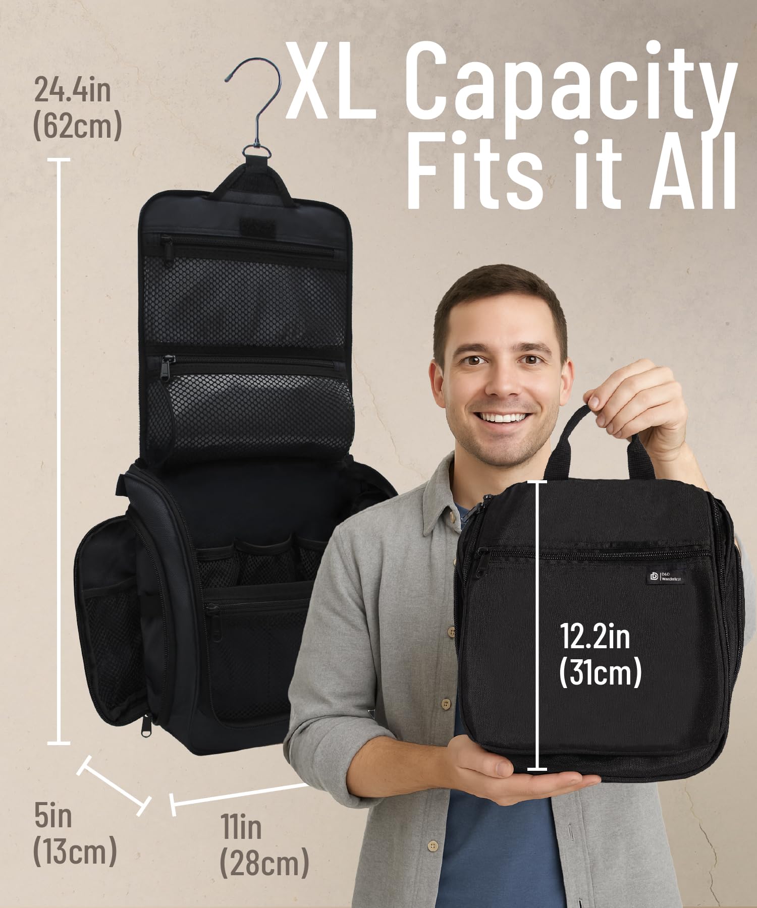 DD D&D Wanderlust tote showing XXL metal swivel hook for space-saving hanging